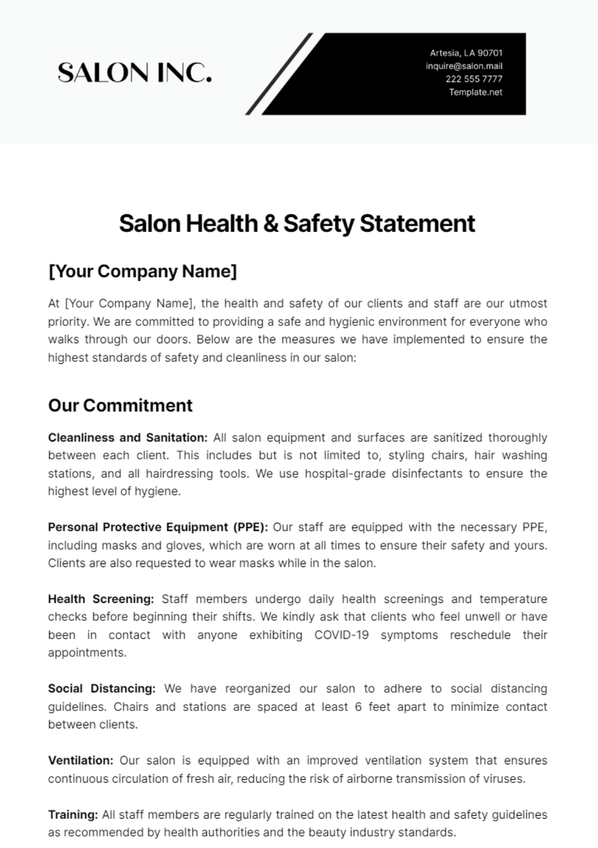 Salon Health & Safety Statement Template - Edit Online & Download