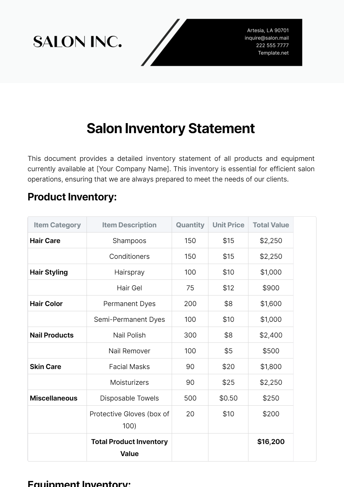 Salon Inventory Statement Template