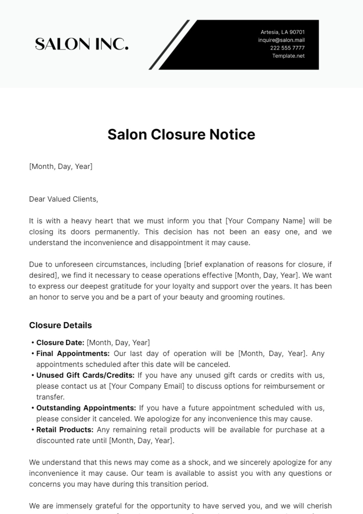 Salon Closure Notice Template - Edit Online & Download