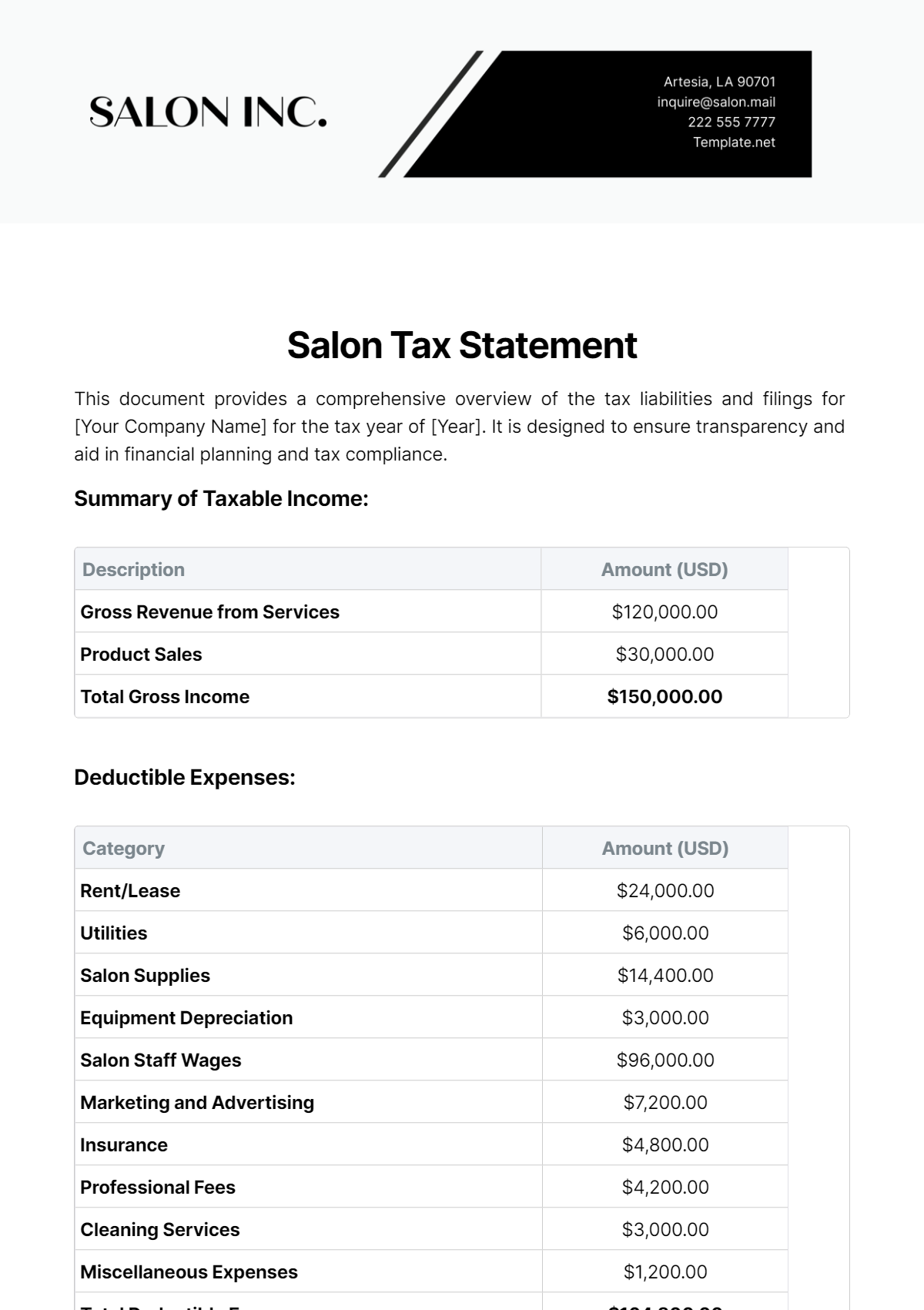 Salon Tax Statement Template