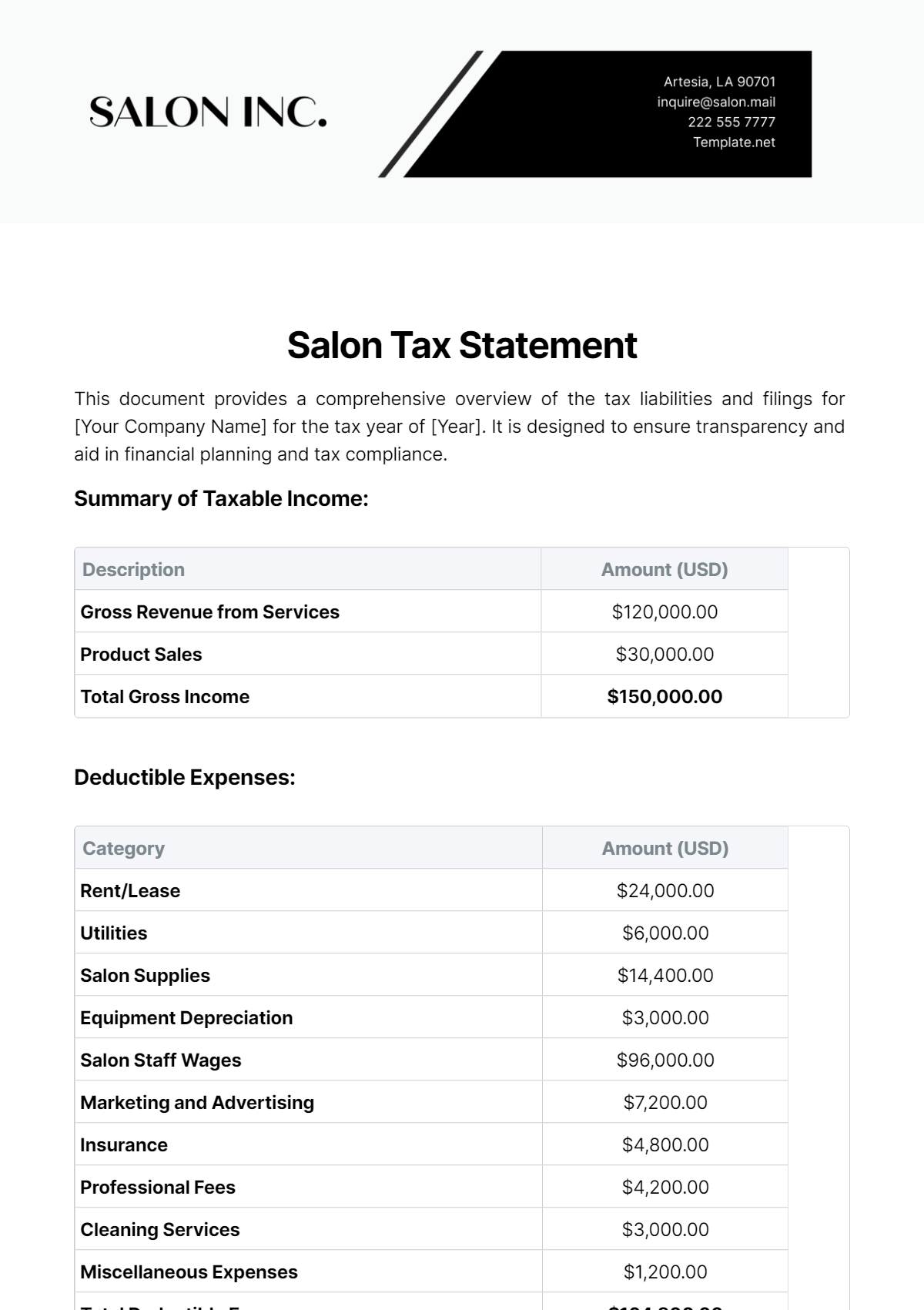 Salon Tax Statement Template - Edit Online & Download