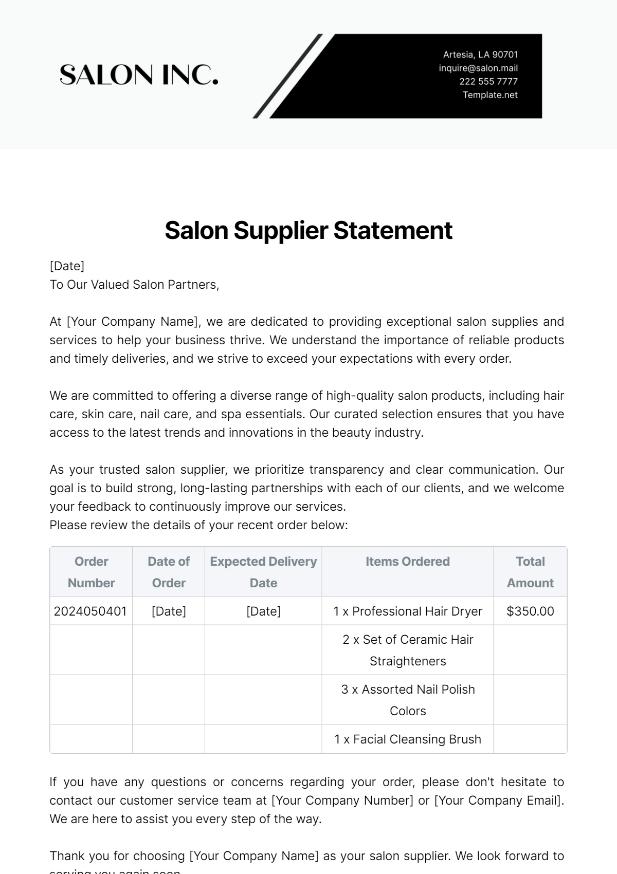 Salon Supplier Statement Template