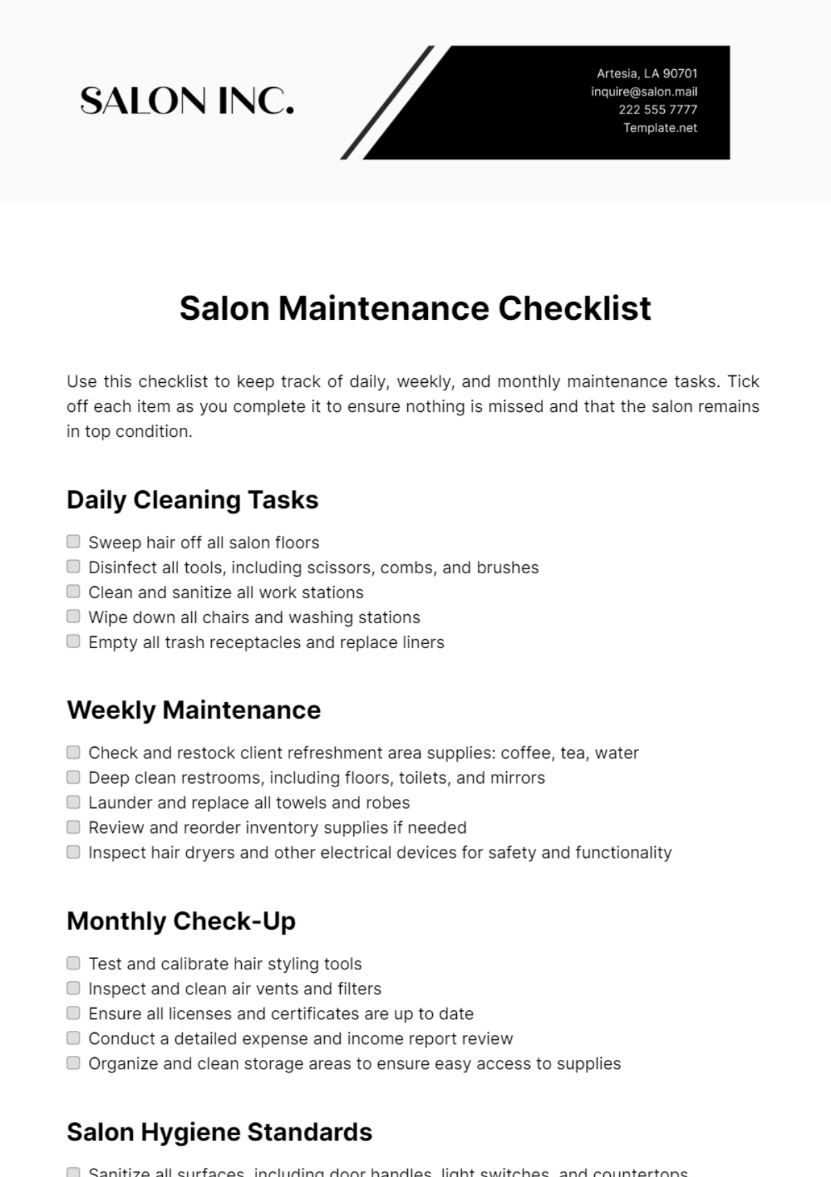 Salon Maintenance Checklist Template