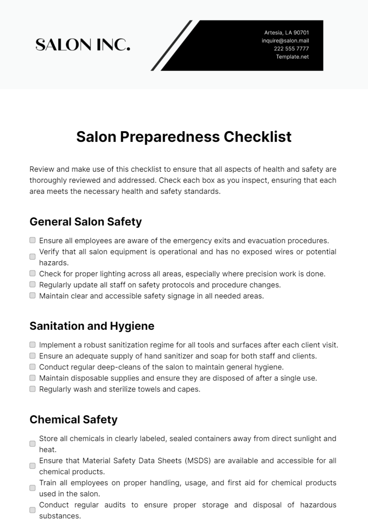 Salon Preparedness Checklist Template - Edit Online & Download