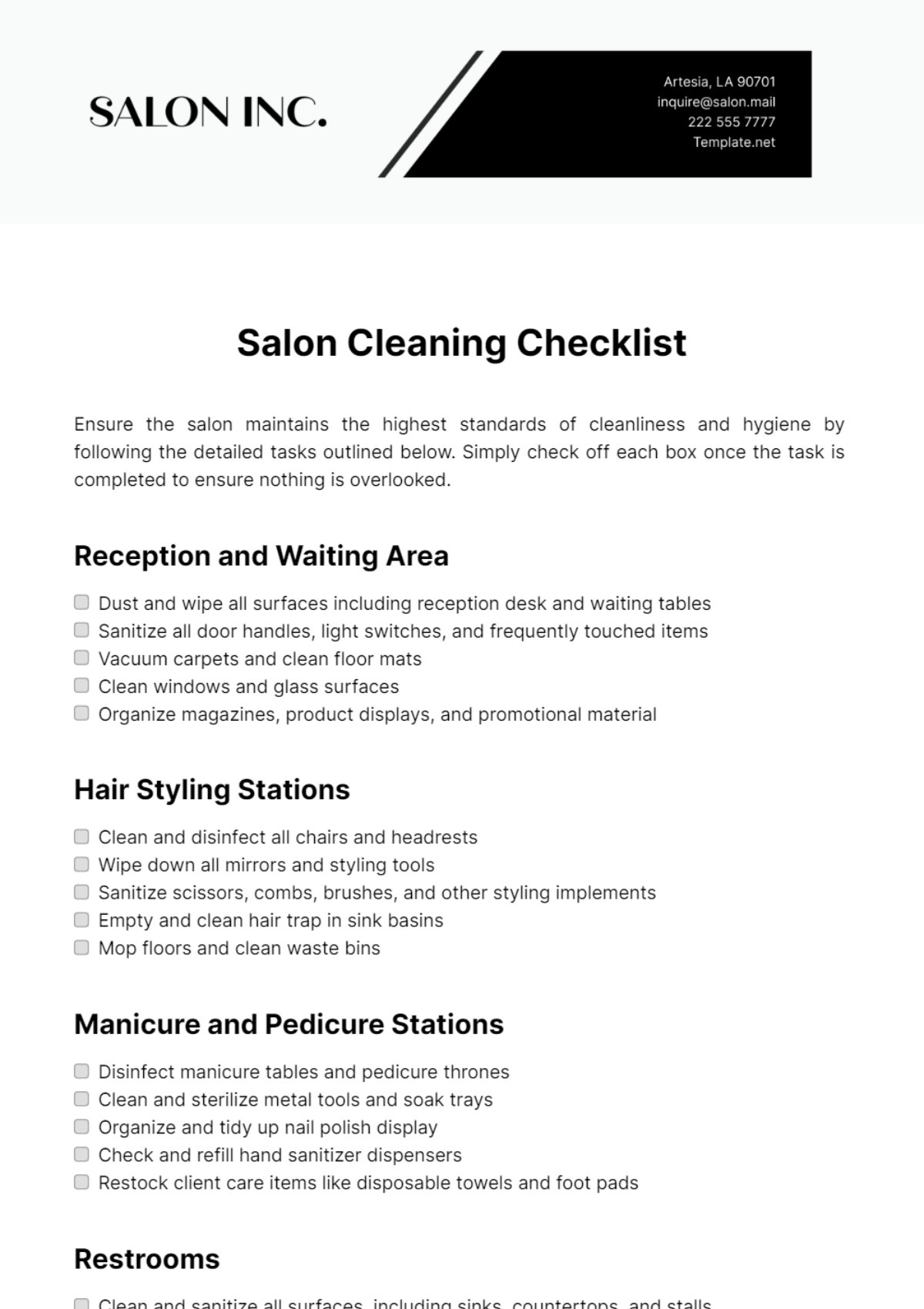 Salon Cleaning Checklist Template
