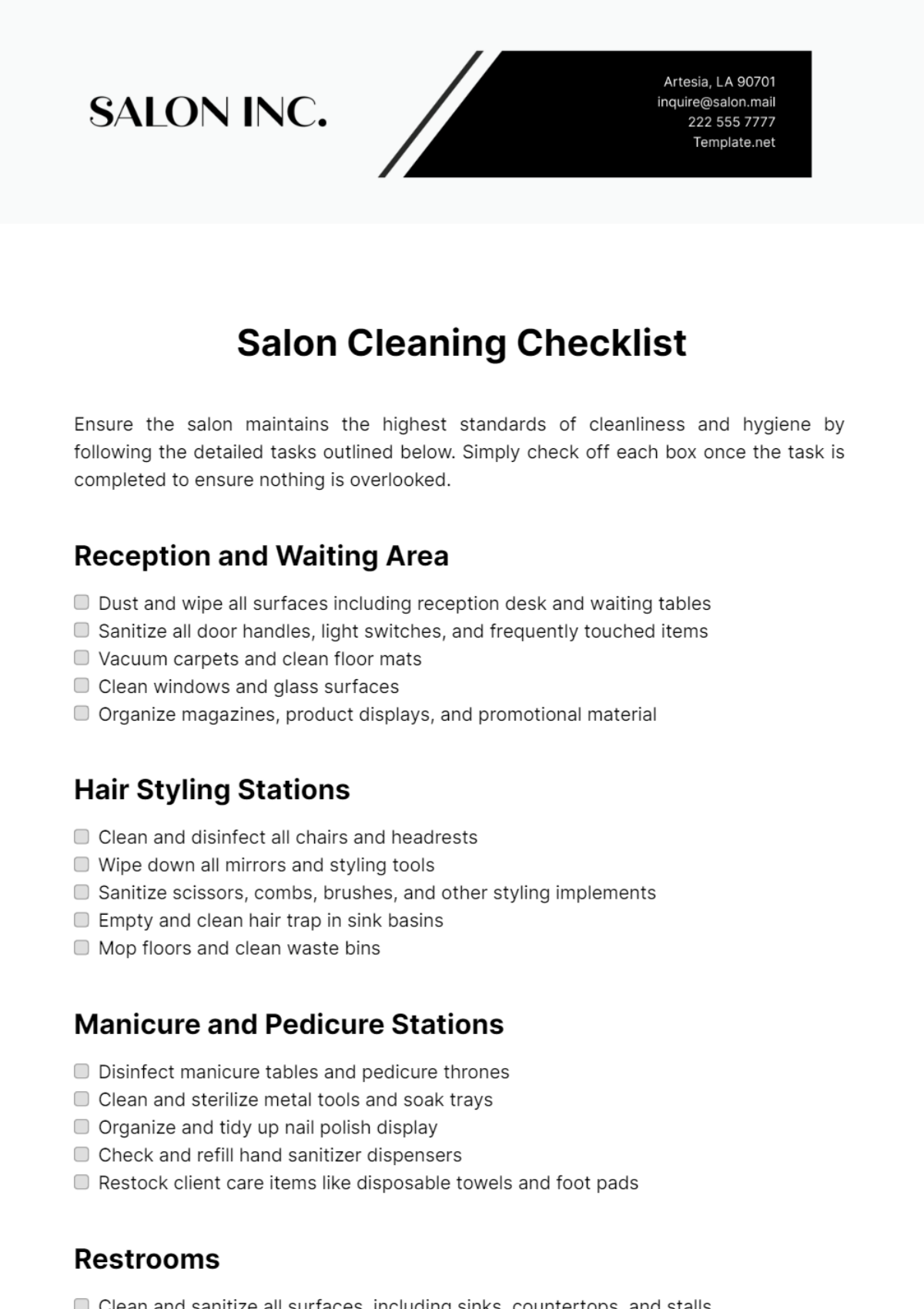 Free Salon Cleaning Checklist Template to Edit Online