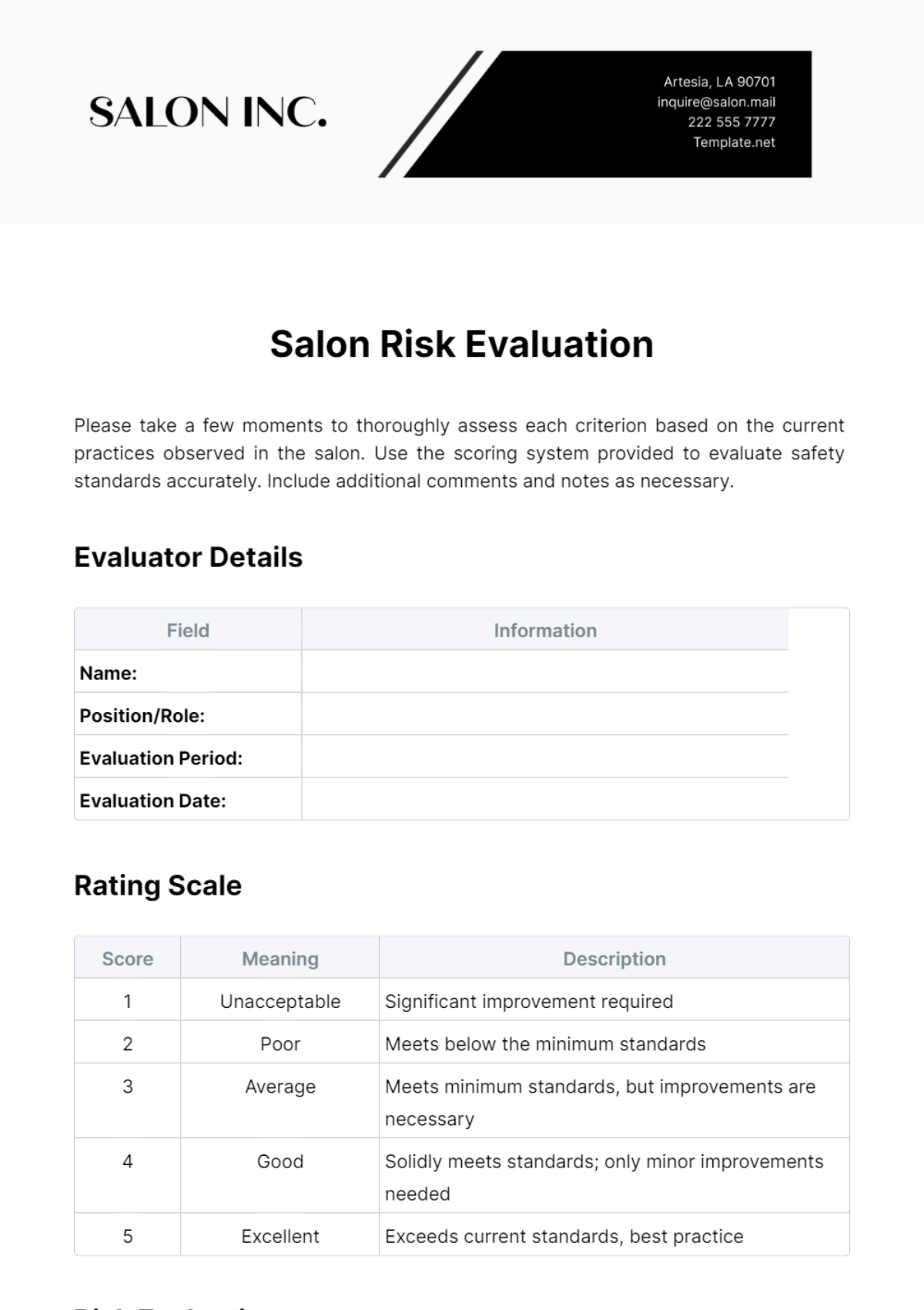 Salon Risk Evaluation Template