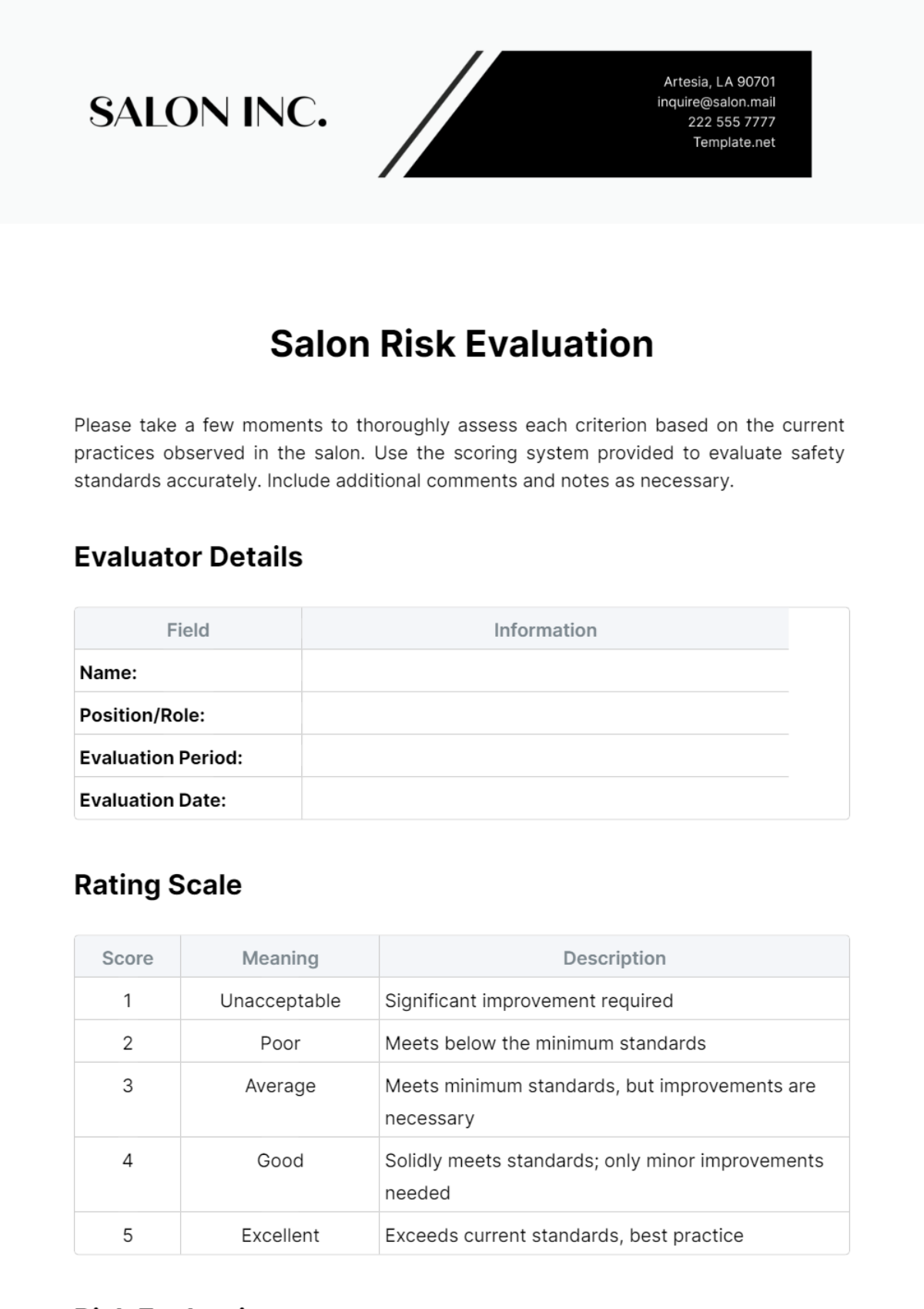 Salon Risk Evaluation Template - Edit Online & Download