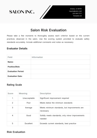 Free Salon Risk Evaluation Template to Edit Online