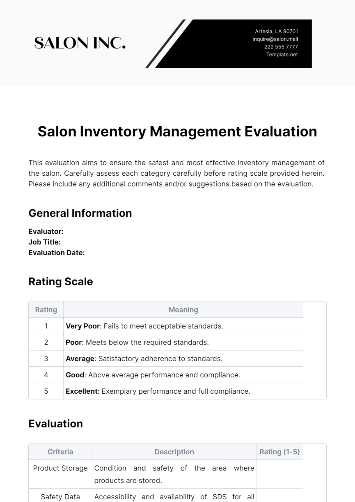 Salon Inventory Management Evaluation Template