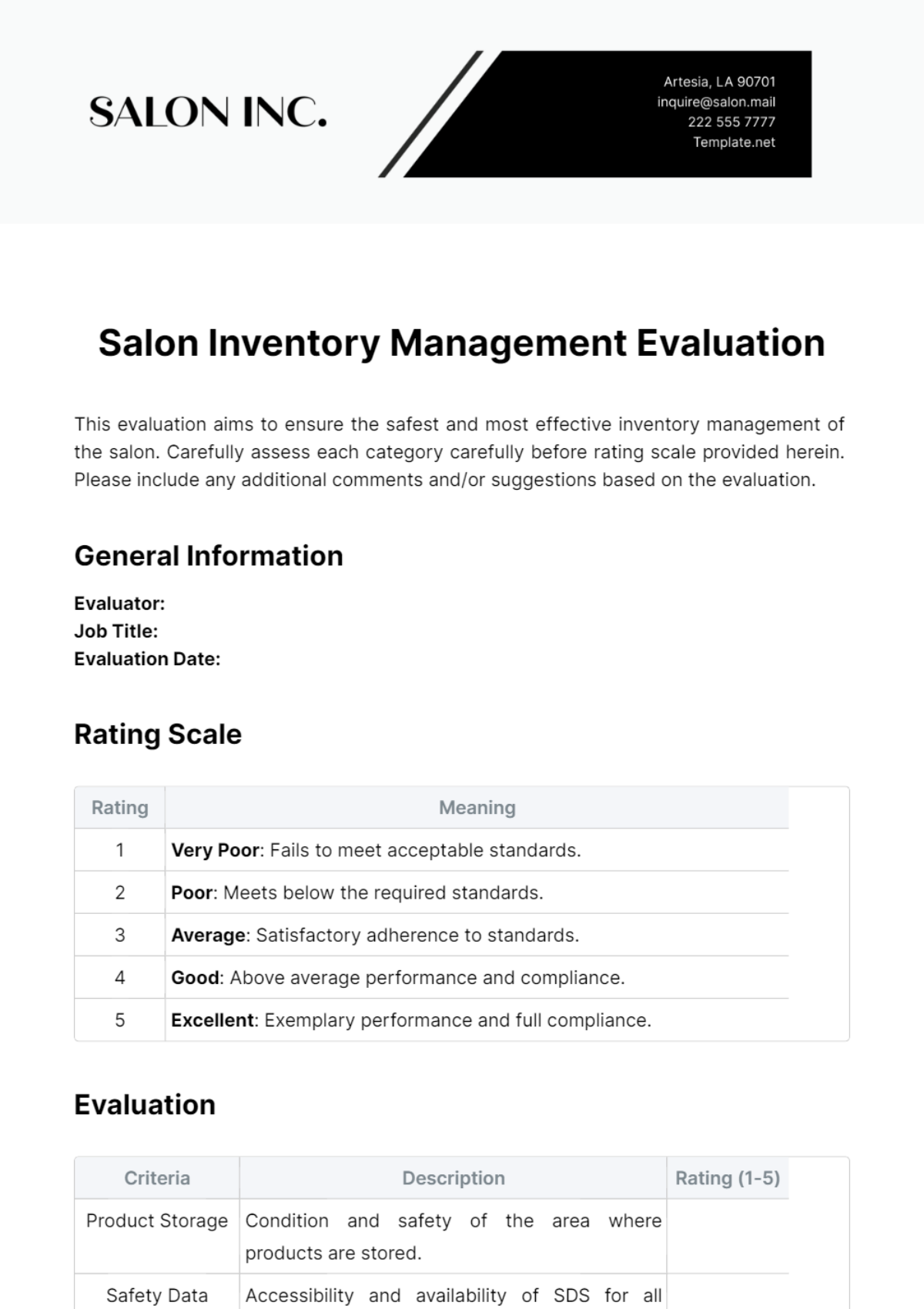 Salon Inventory Management Evaluation Template - Edit Online & Download