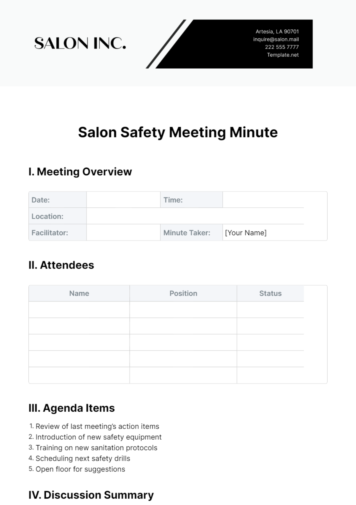 Free Salon Safety Meeting Minute Template