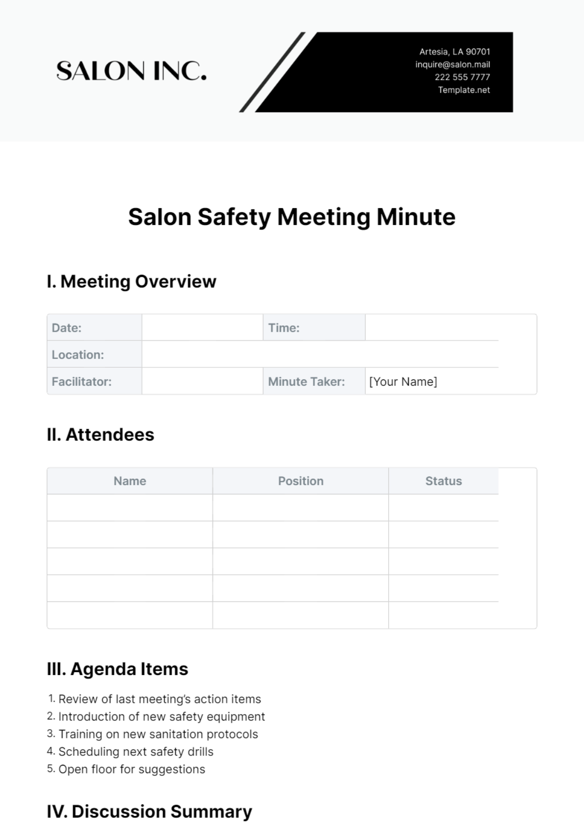 Salon Safety Meeting Minute Template - Edit Online & Download