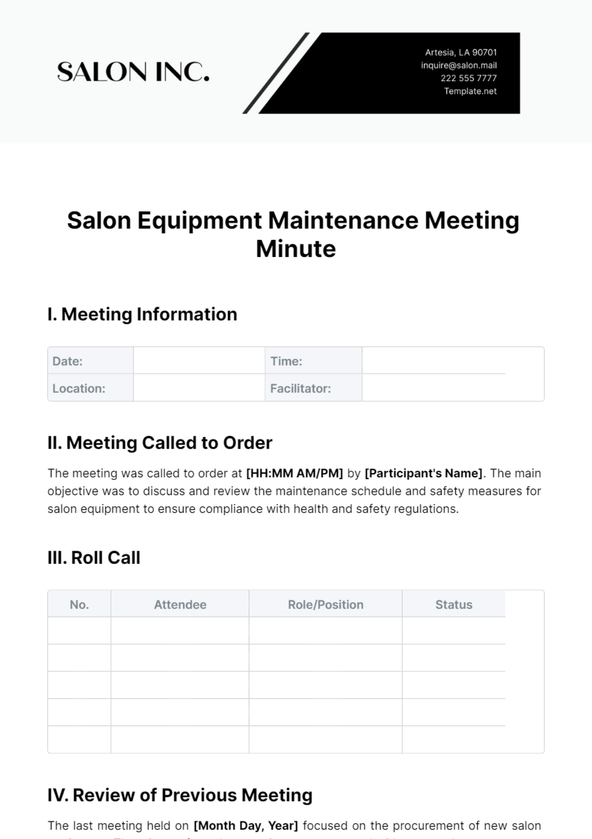 Salon Equipment Maintenance Meeting Minute Template