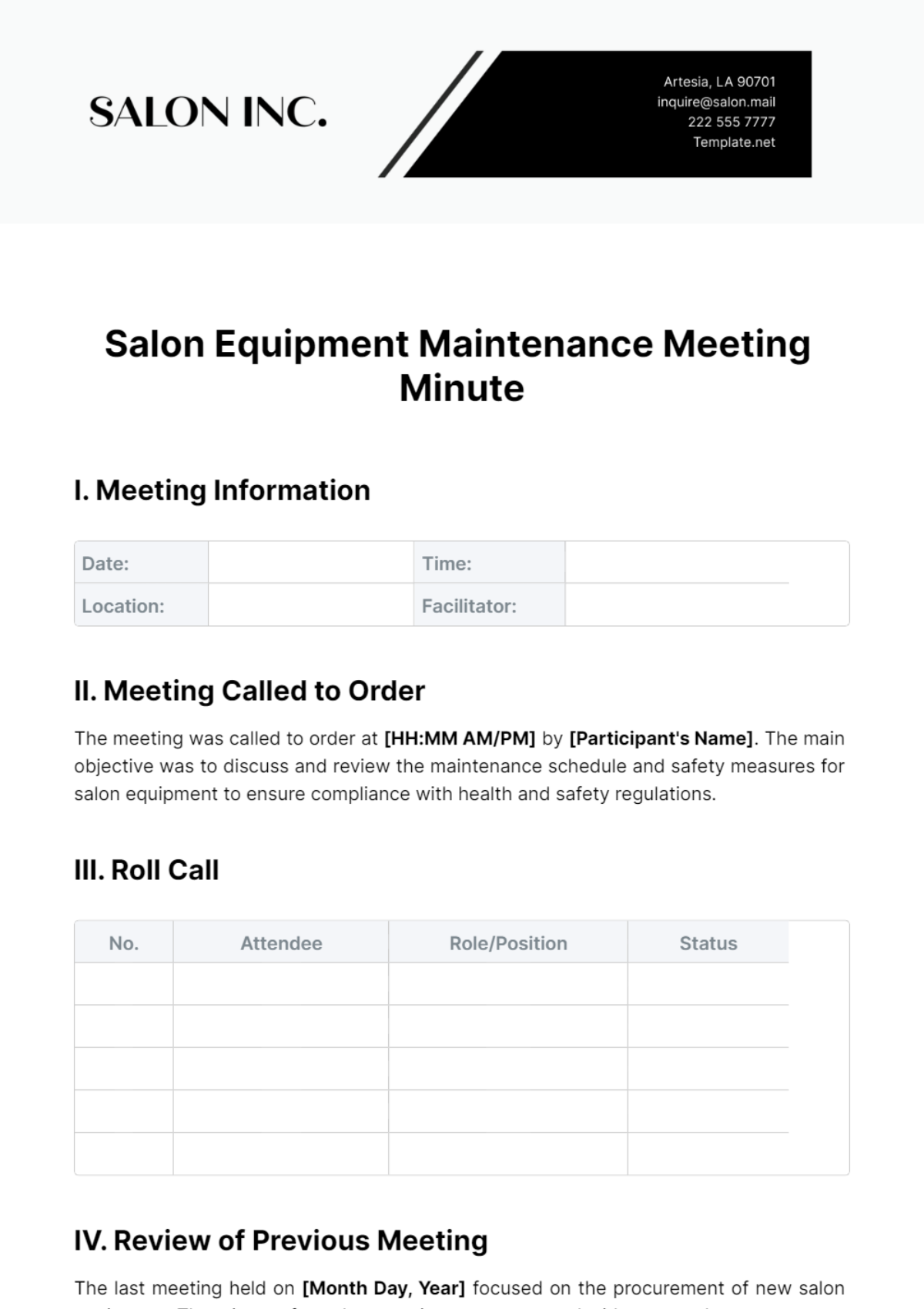 Salon Equipment Maintenance Meeting Minute Template - Edit Online & Download