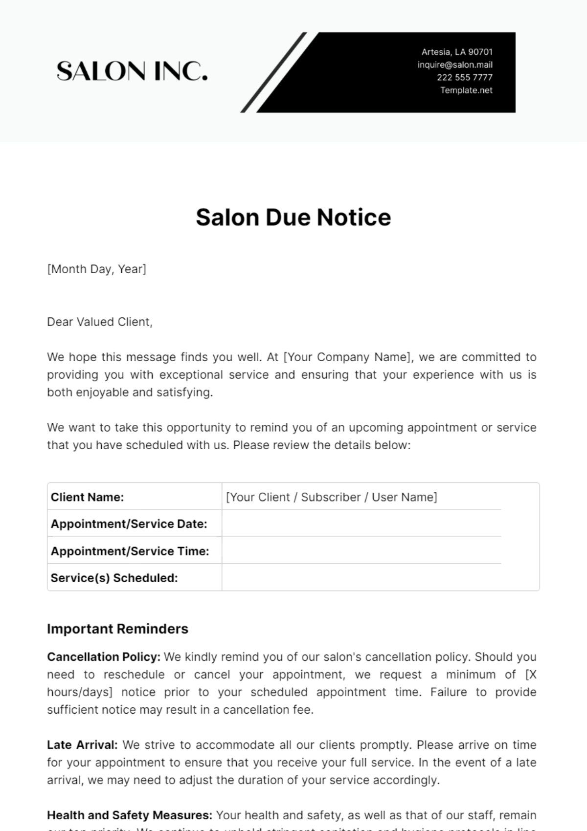 Salon Due Notice Template - Edit Online & Download