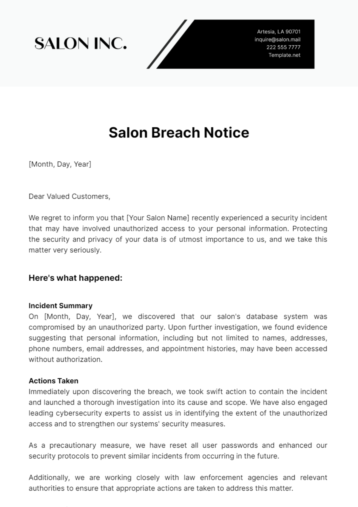 Salon Breach Notice Template