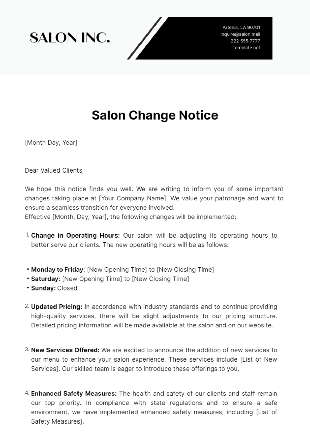 Salon Change Notice Template
