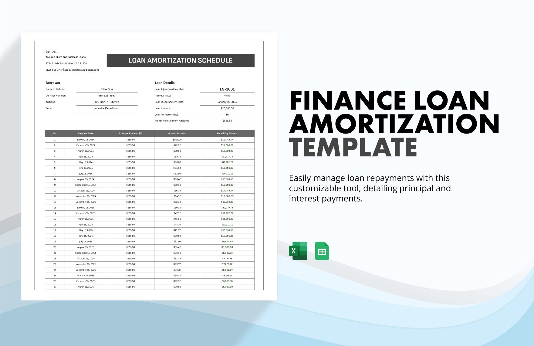 Finance Loan Amortization Schedule Template in Excel, Google Sheets