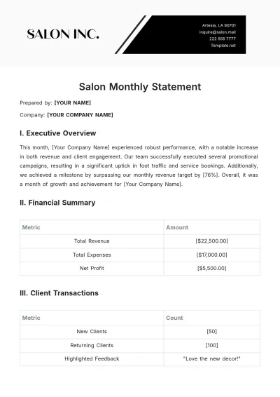 Free Salon Monthly Statement Template to Edit Online