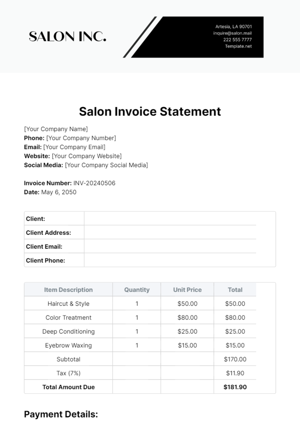 Salon Invoice Statement Template