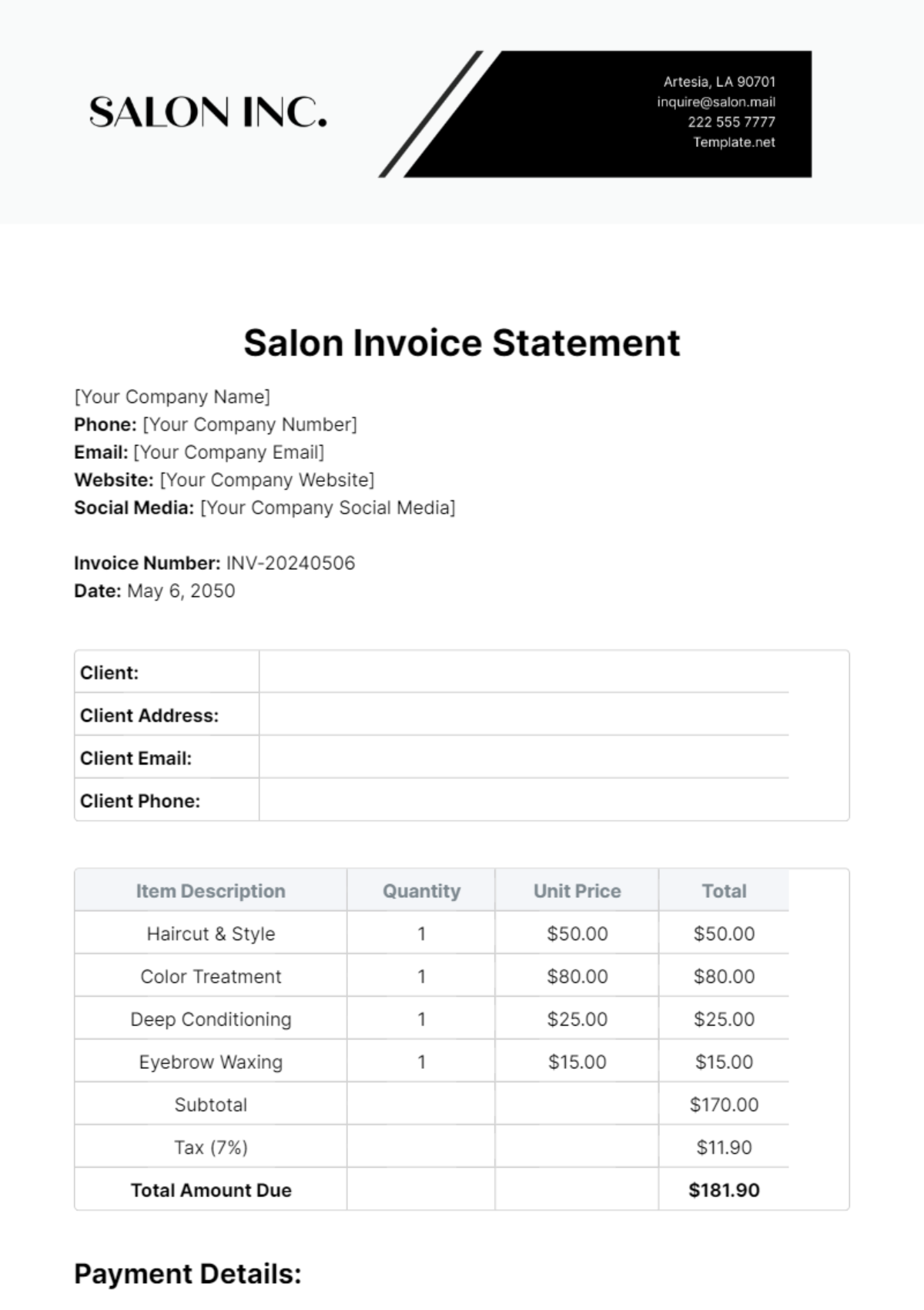 Salon Invoice Statement Template - Edit Online & Download