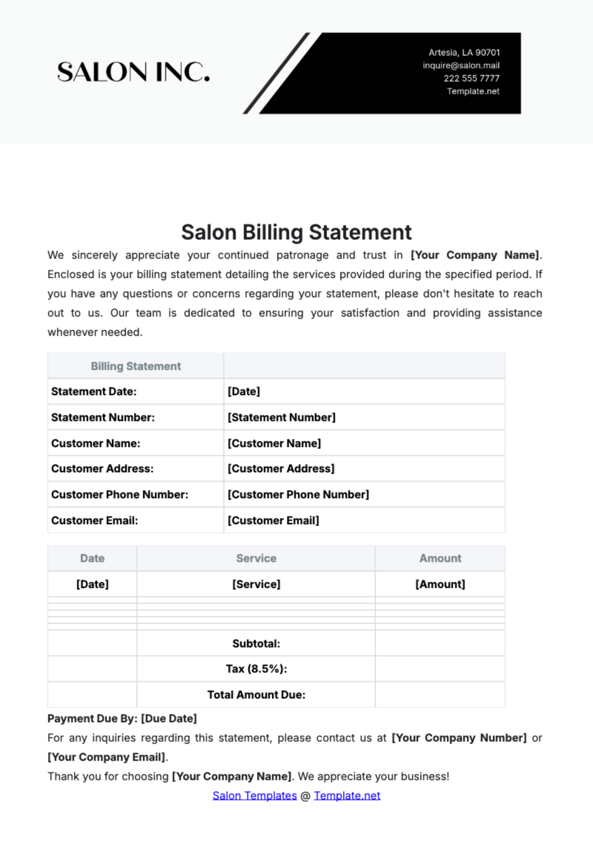 Blank Salon Billing Statement Template - Edit Online & Download