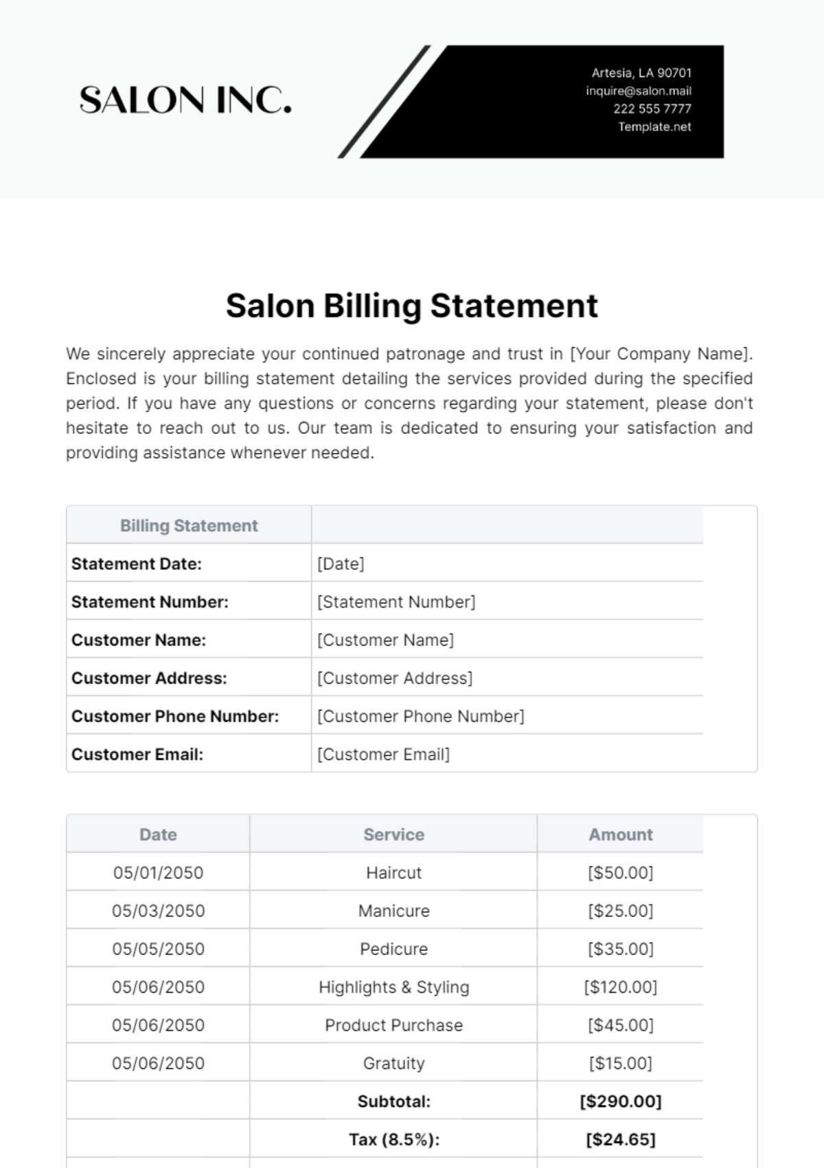 Salon Billing Statement Template