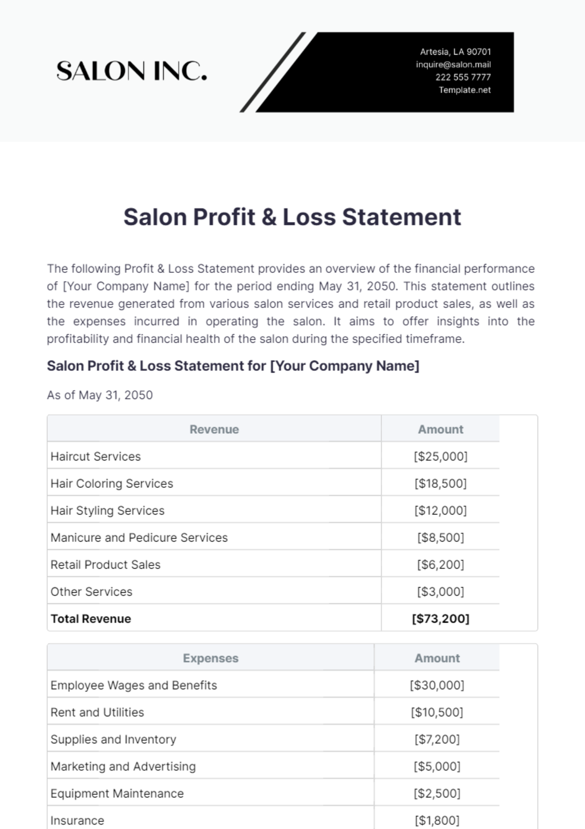 Salon Profit & Loss Statement Template - Edit Online & Download