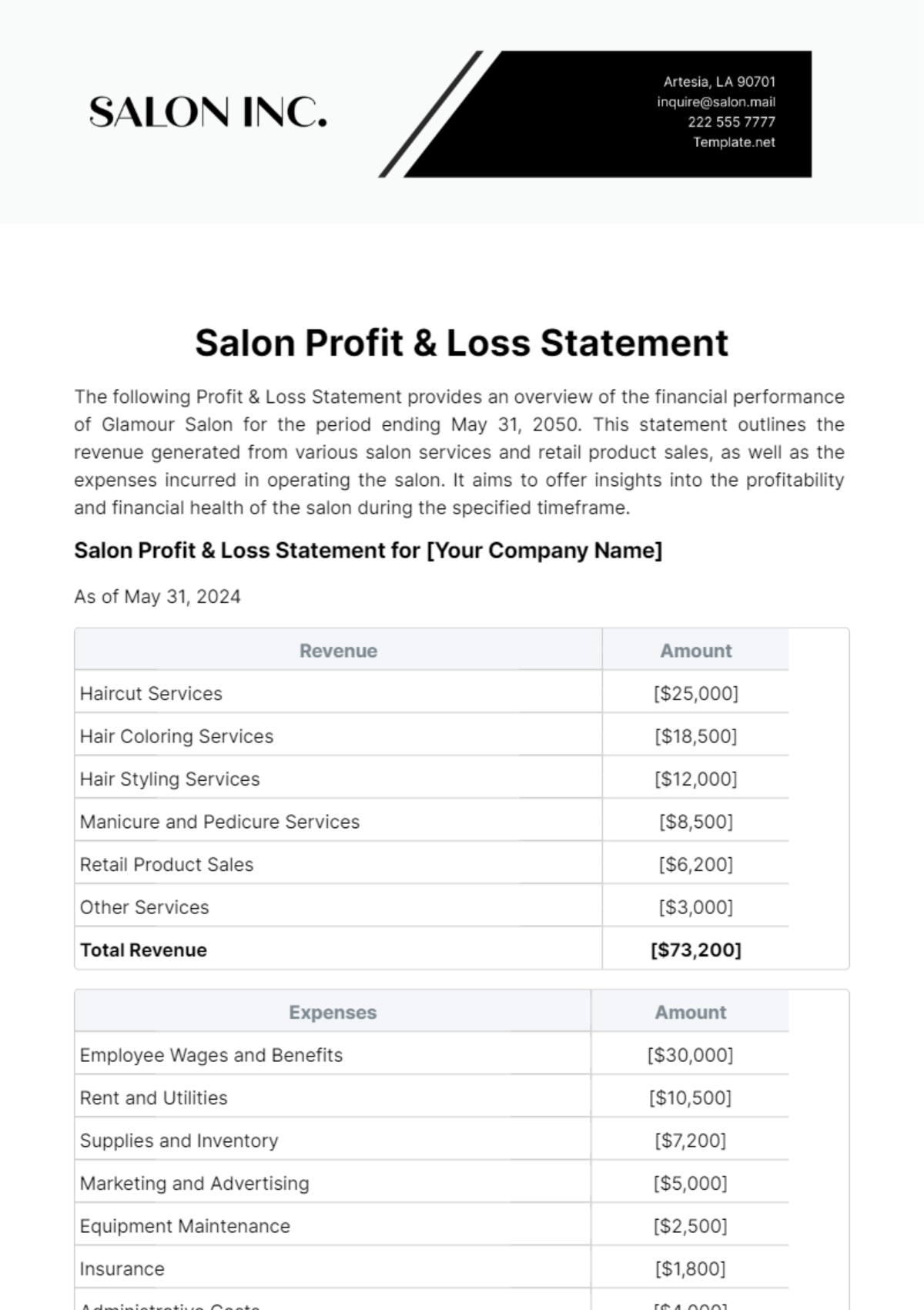 Salon Profit & Loss Statement Template
