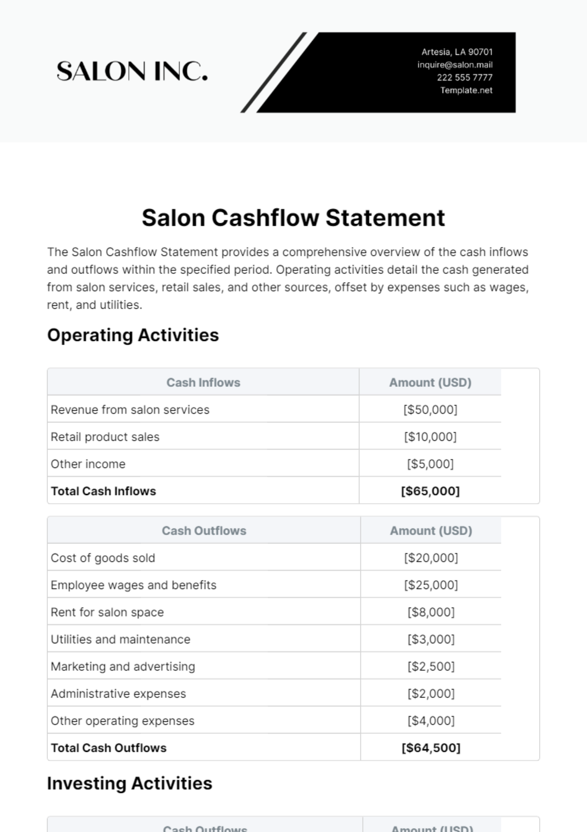 Salon Cashflow Statement Template