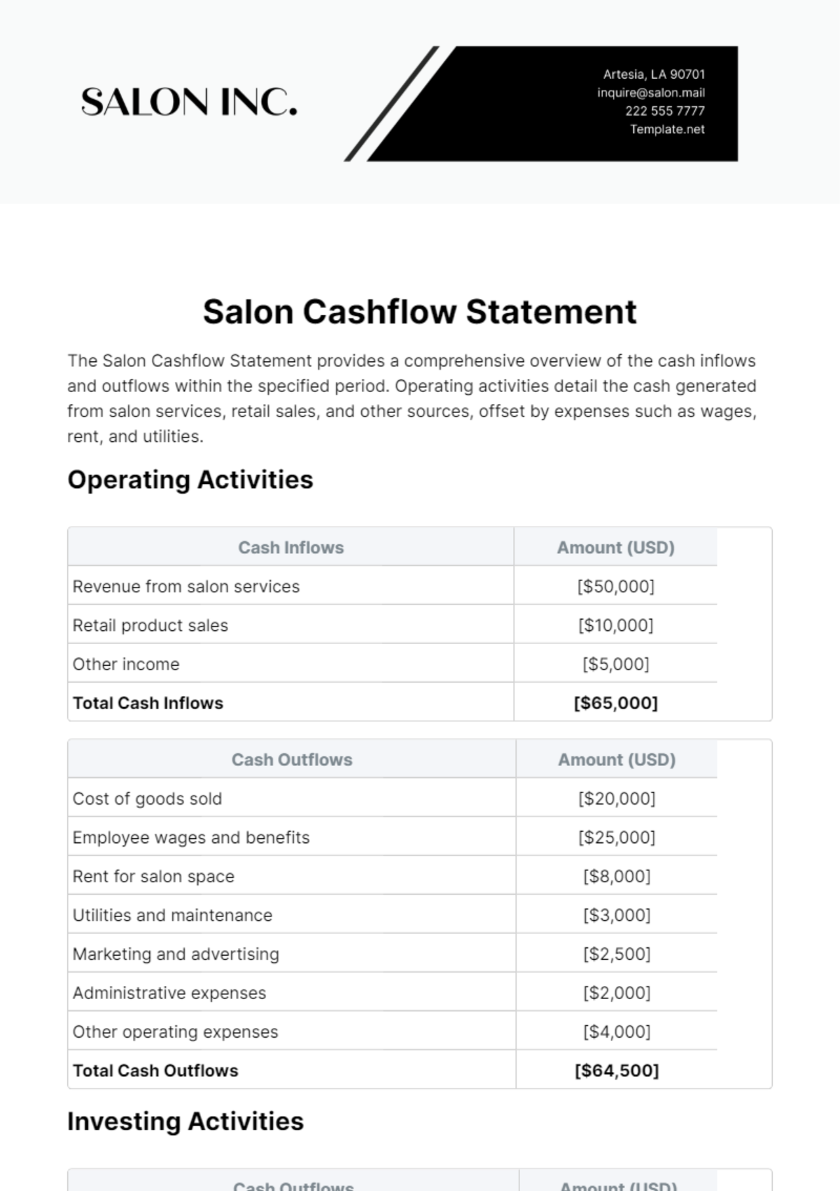 Salon Cashflow Statement Template - Edit Online & Download