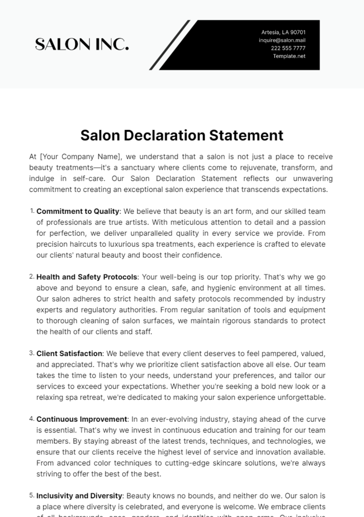 Salon Declaration Statement Template