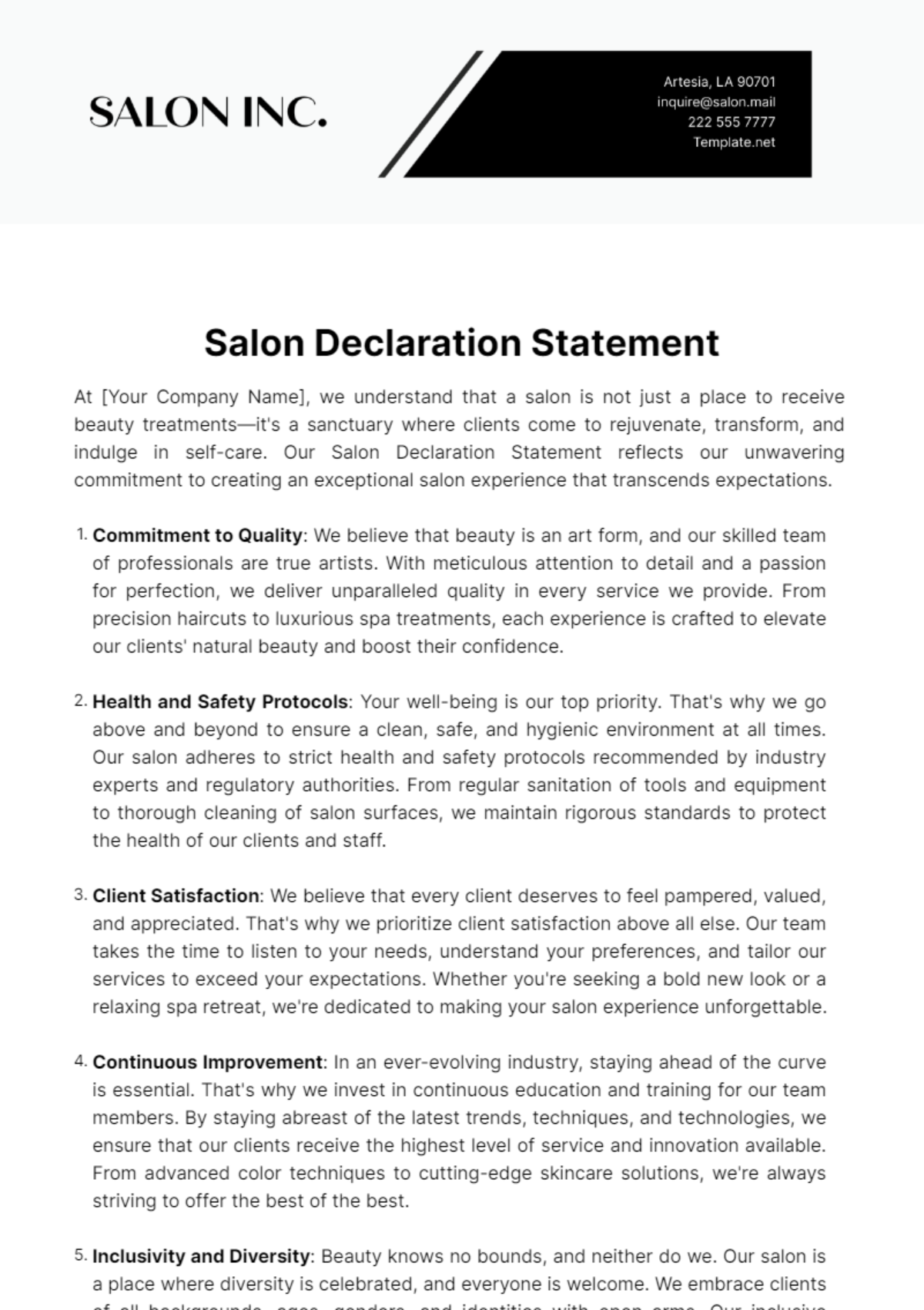 Salon Declaration Statement Template - Edit Online & Download