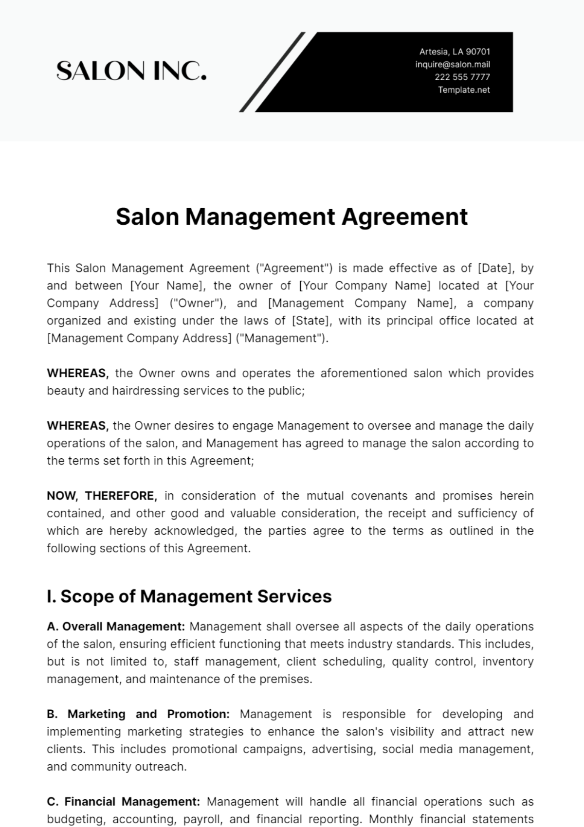 Salon Management Agreement Template