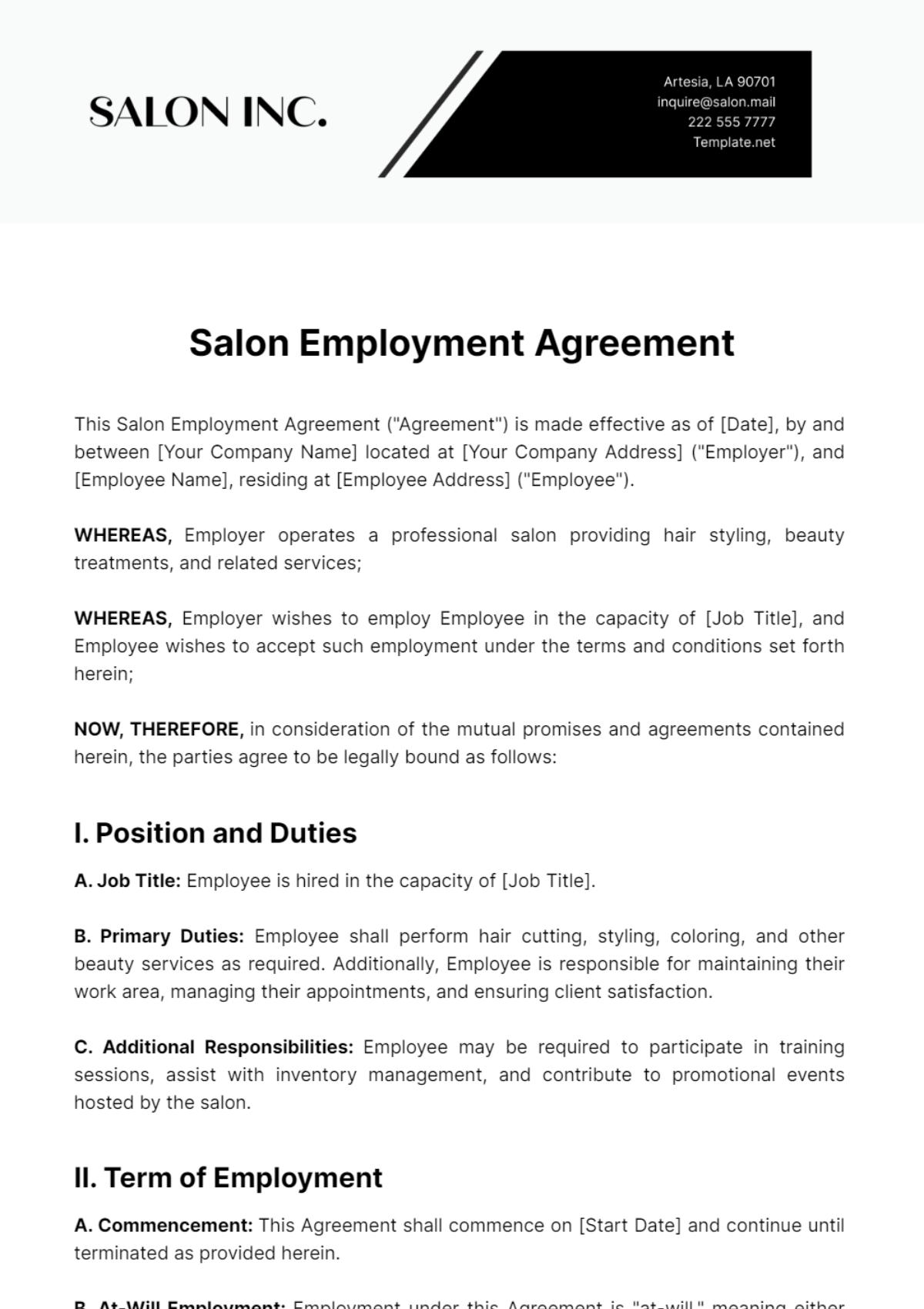 Salon Employment Agreement Template