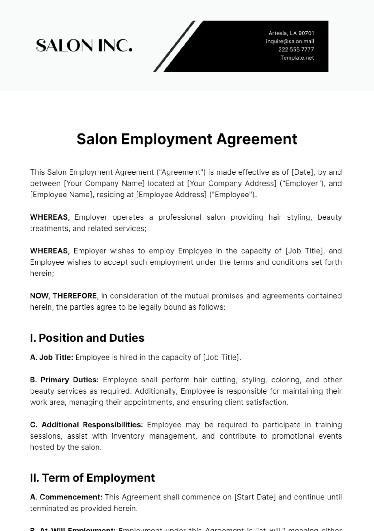 Salon Employment Agreement Template - Edit Online & Download