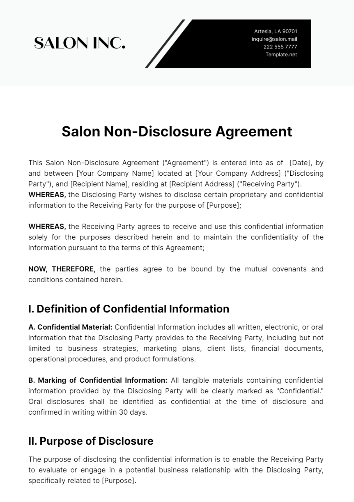 Salon Non-Disclosure Agreement Template