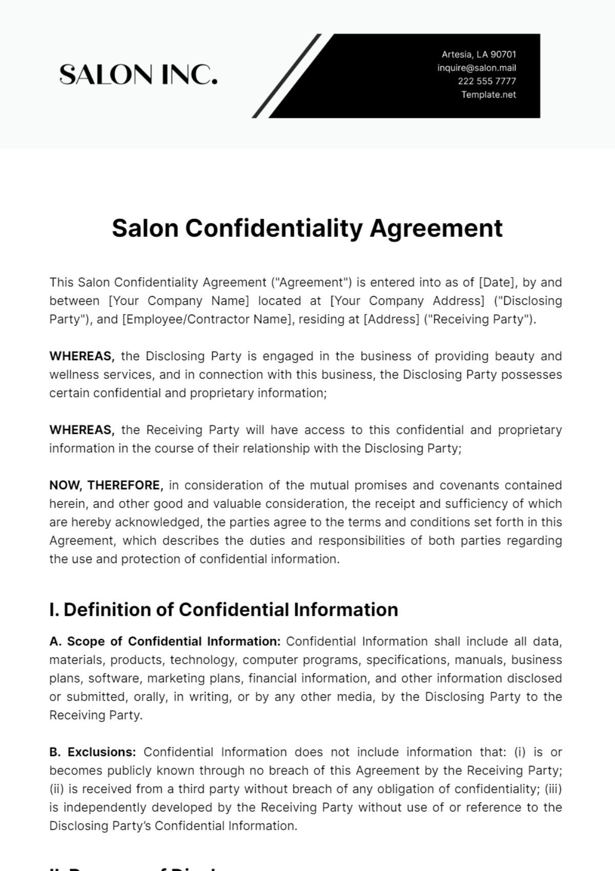 Salon Confidentiality Agreement Template