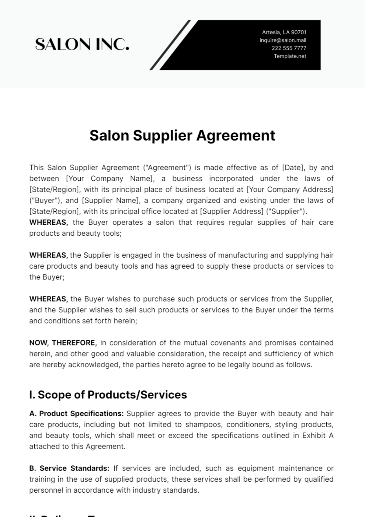 Salon Supplier Agreement Template
