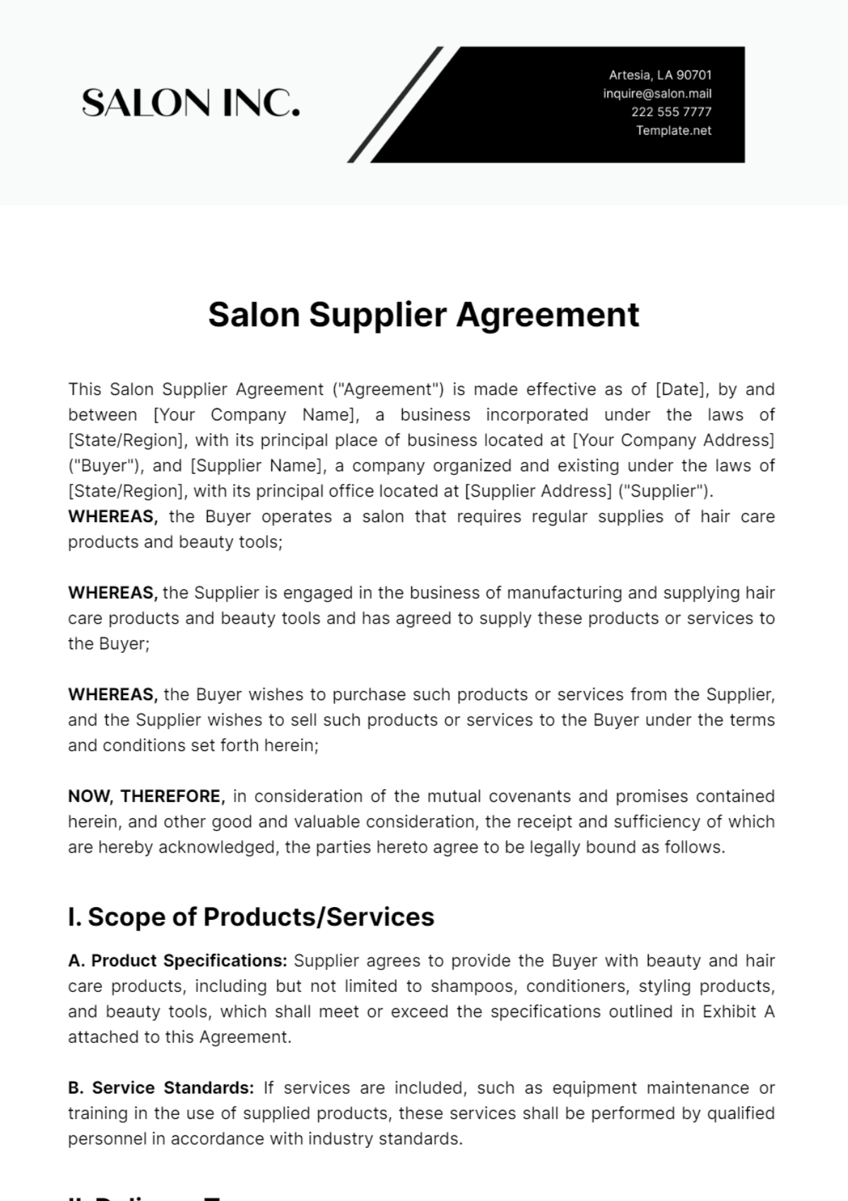 Salon Supplier Agreement Template - Edit Online & Download