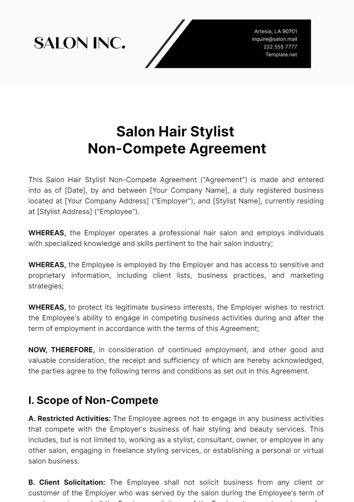 Salon Hair Stylist Non-Compete Agreement Template