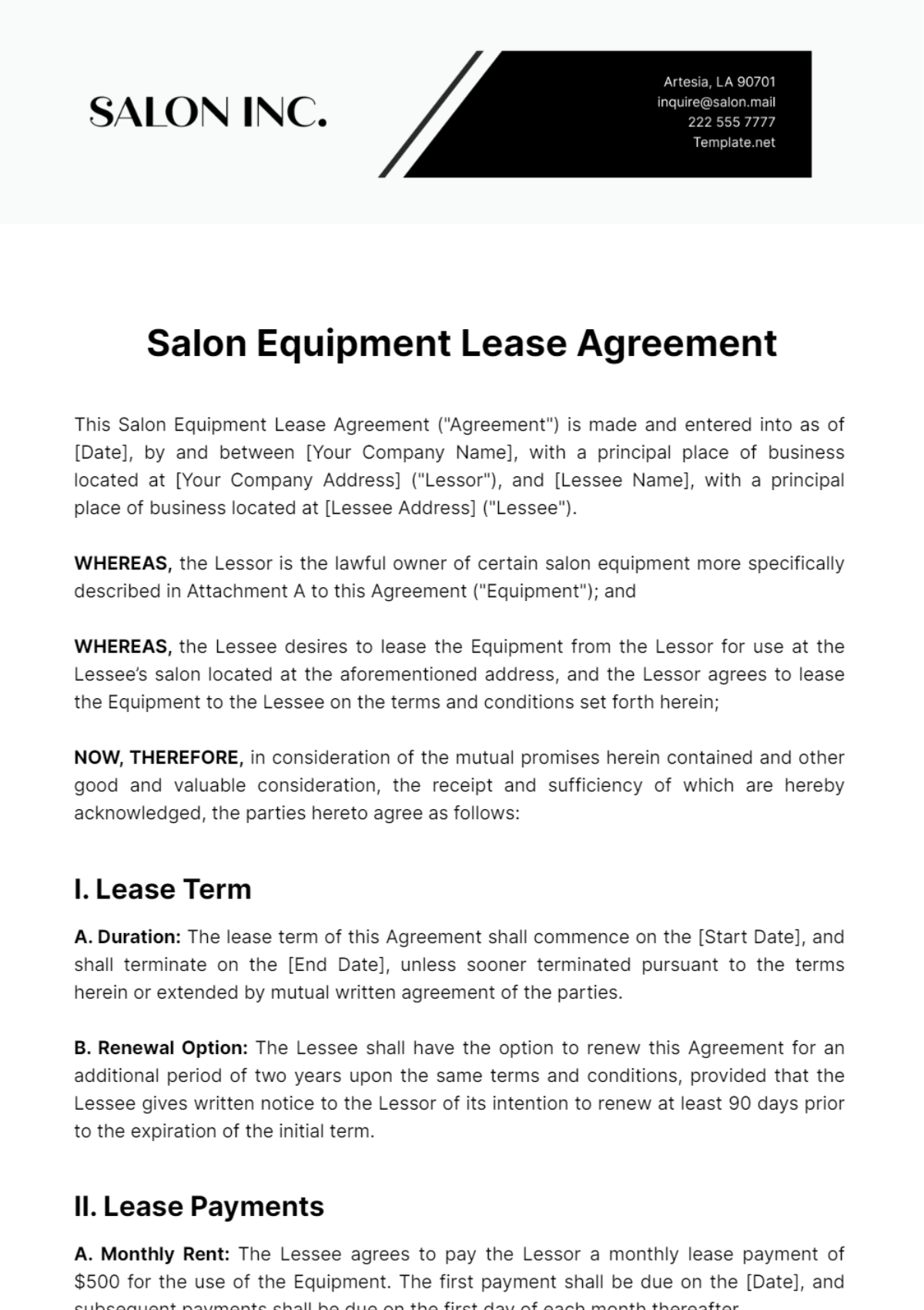 Salon Equipment Lease Agreement Template