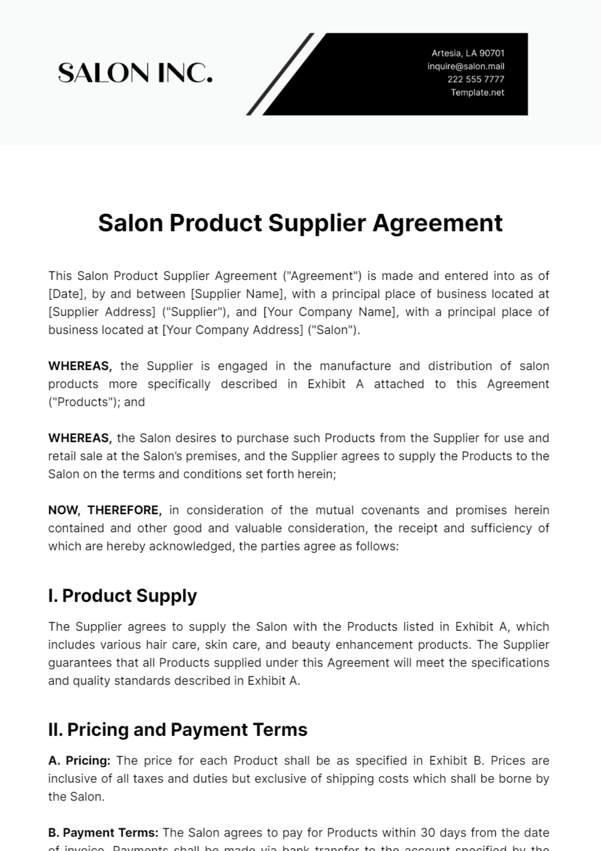 Salon Product Supplier Agreement Template