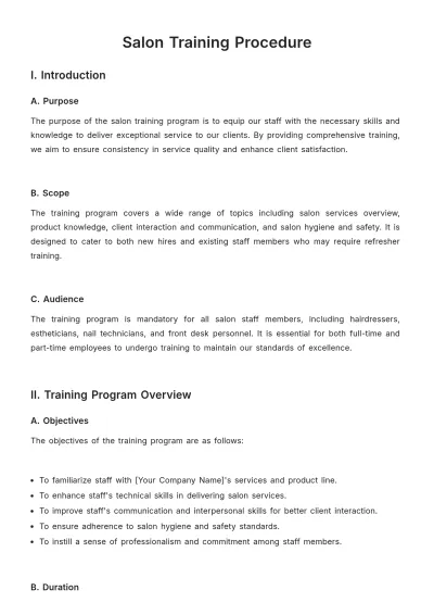 Free Salon Training Procedure Template to Edit Online