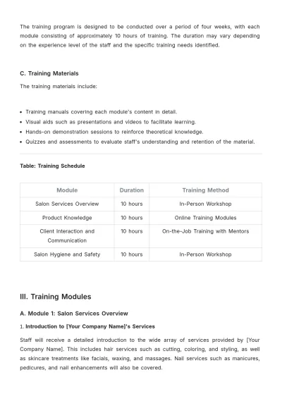Free Salon Training Procedure Template to Edit Online