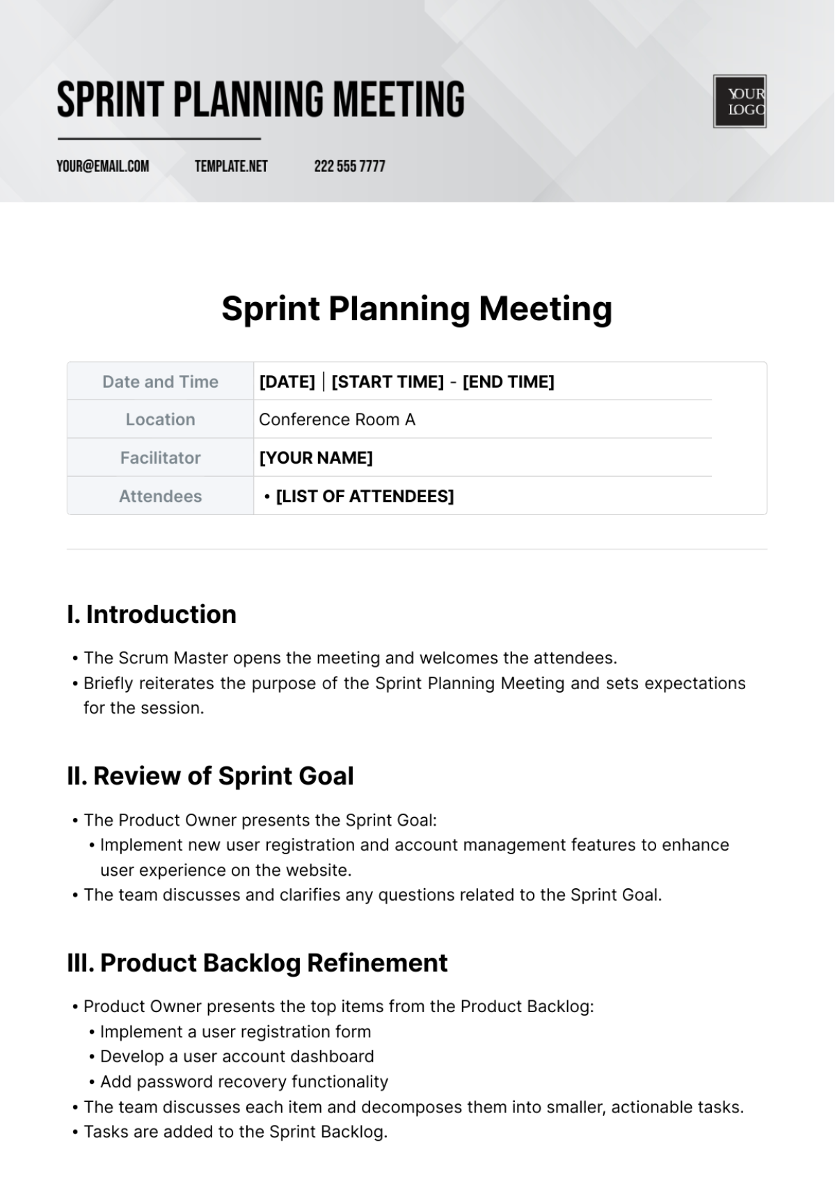 Sprint Planning Meeting Template - Edit Online & Download