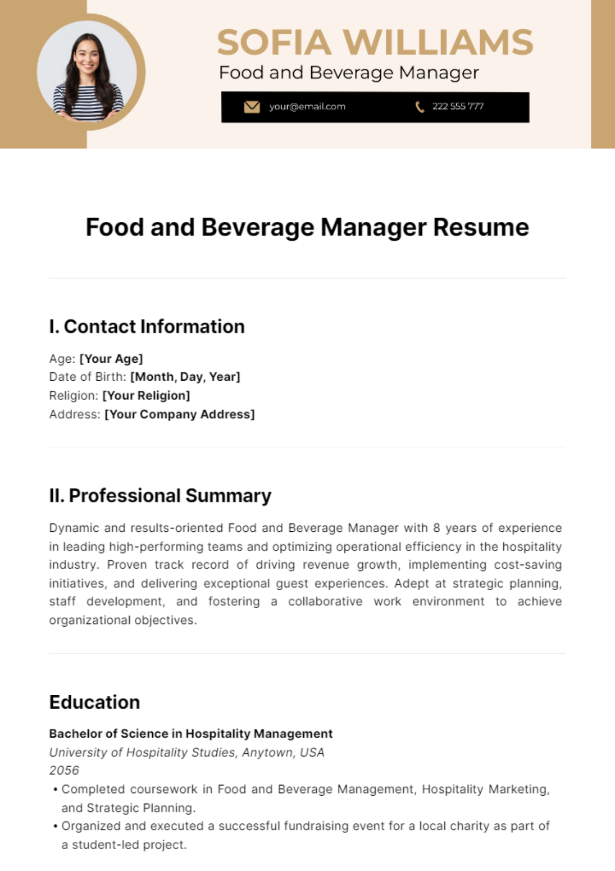Food and Beverage Manager Resume Template