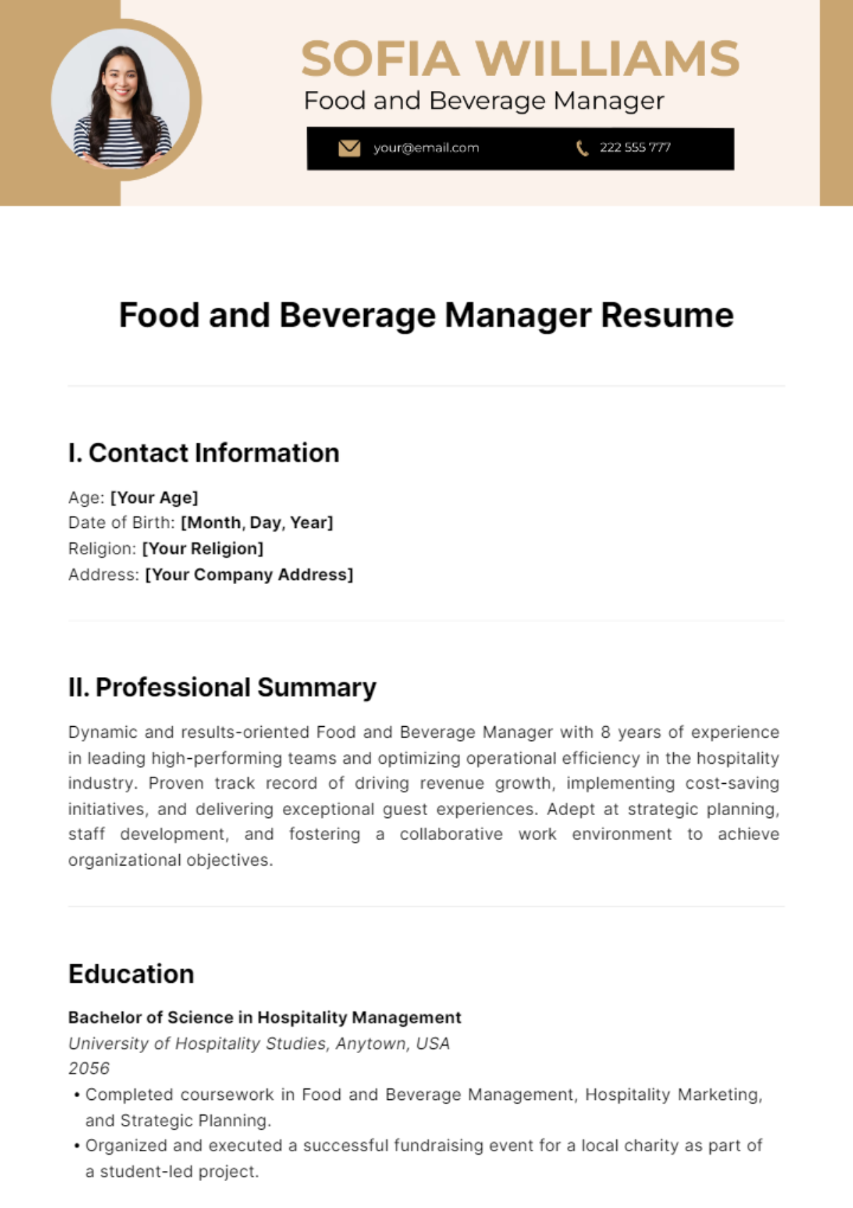 Food and Beverage Manager Resume Template - Edit Online & Download