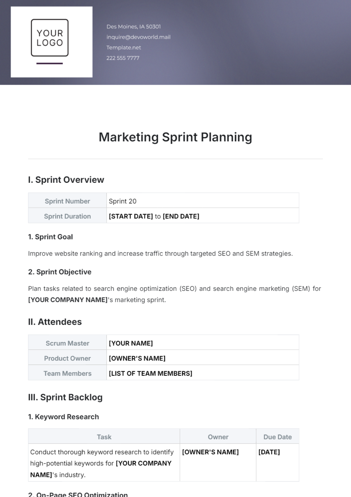 Marketing Sprint Planning Template